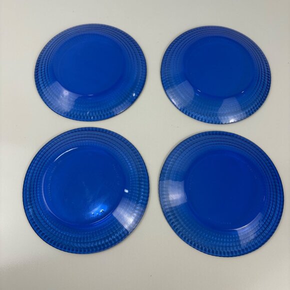 Set Of 4 Forte Crisa Vintage Cobalt Blue Glass Salad/Dessert Plates Waffle - Picture 4 of 7